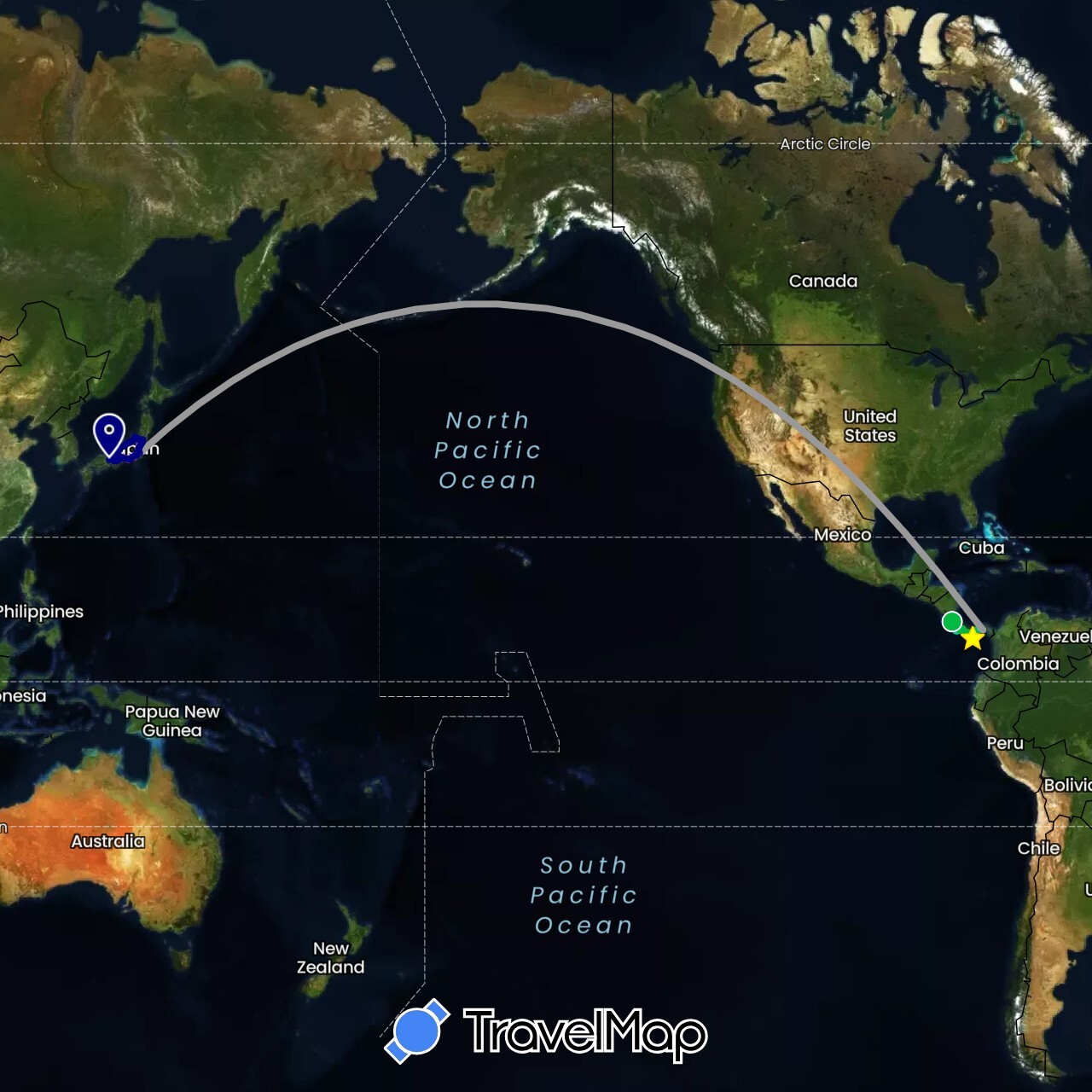 TravelMap itinerary: driving, bus, plane, train, hiking, boat in Costa Rica, Japan, Panama (Asia, North America)