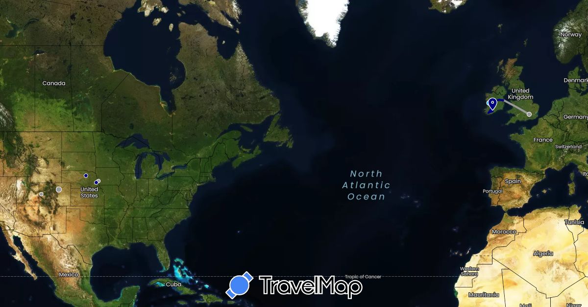 TravelMap itinerary: driving, bus, plane, boat in United Kingdom, Ireland, United States (Europe, North America)