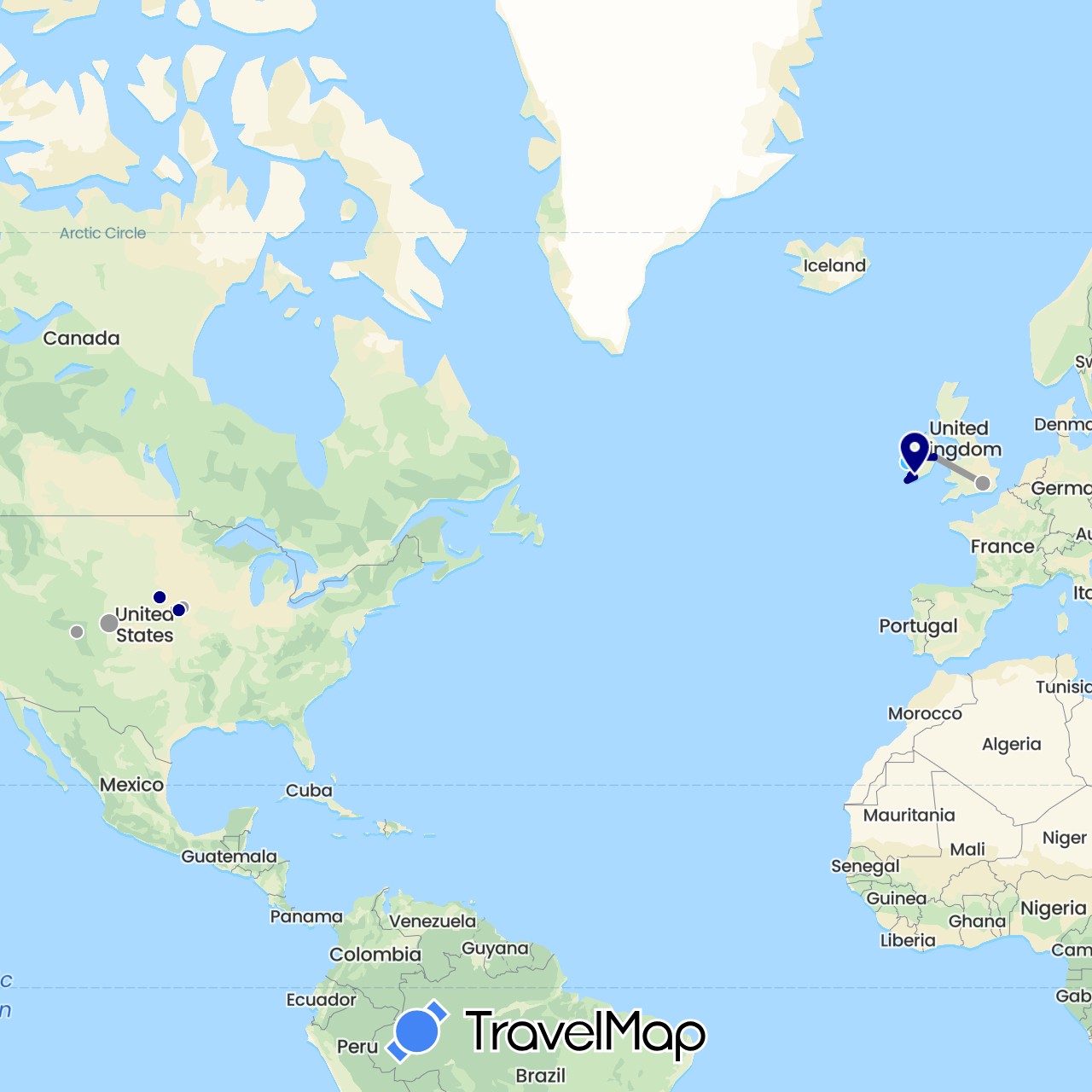 TravelMap itinerary: driving, bus, plane, boat in United Kingdom, Ireland, United States (Europe, North America)