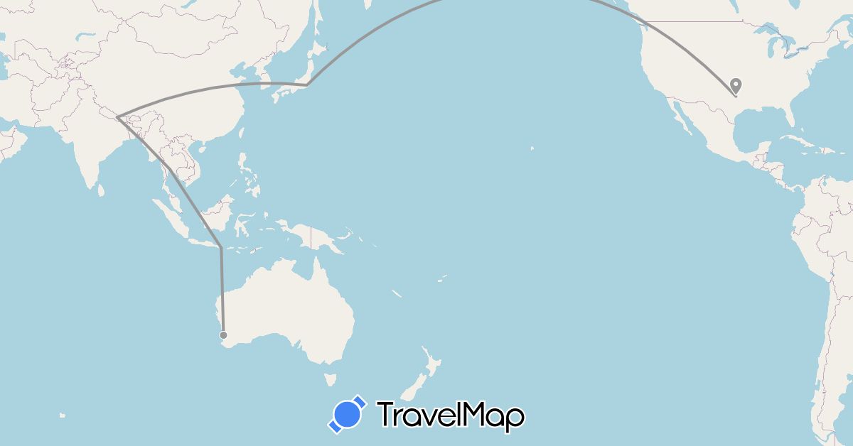 TravelMap itinerary: plane in Australia, Indonesia, Japan, Nepal, Thailand, United States (Asia, North America, Oceania)