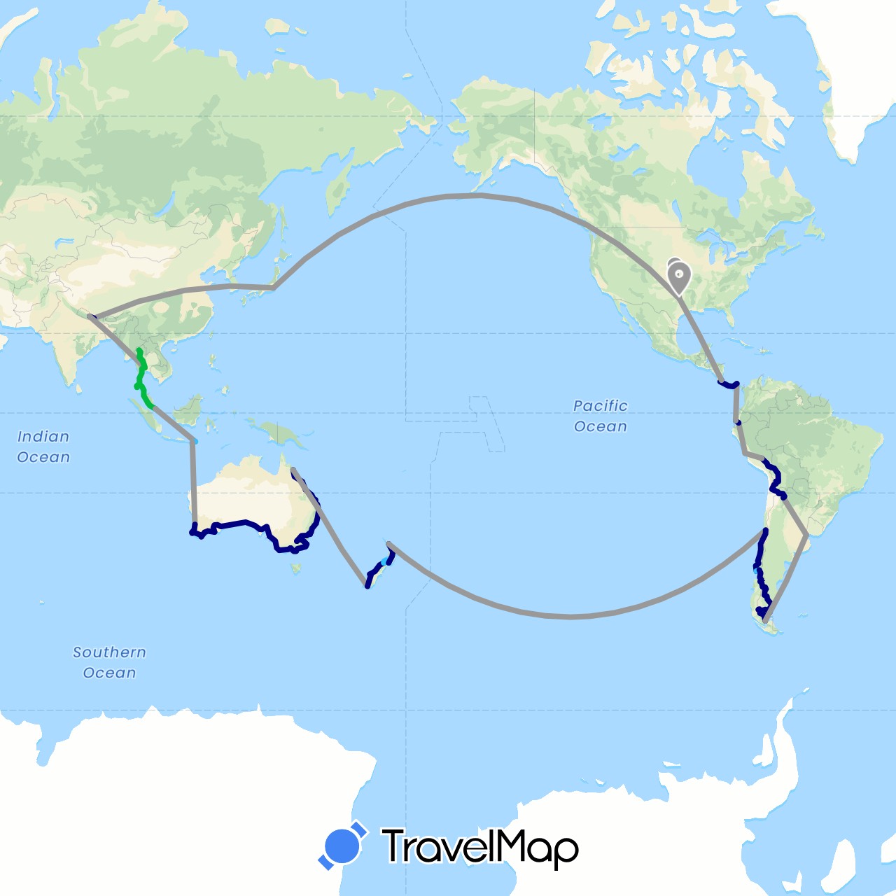 TravelMap itinerary: driving, bus, plane, boat in Argentina, Australia, Bolivia, Chile, Costa Rica, Ecuador, Indonesia, Japan, Malaysia, Nepal, New Zealand, Panama, Peru, Singapore, Thailand, United States (Asia, North America, Oceania, South America)