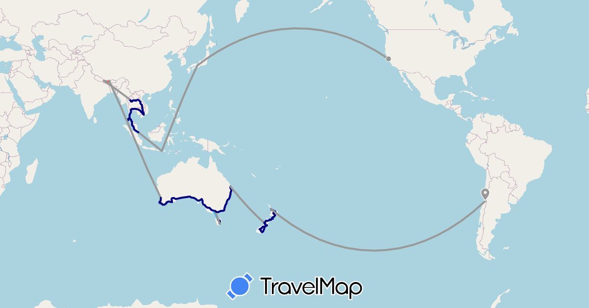 TravelMap itinerary: driving, plane, hiking, boat in Australia, Chile, Indonesia, Japan, Cambodia, Laos, Nepal, New Zealand, Singapore, Thailand, United States, Vietnam (Asia, North America, Oceania, South America)