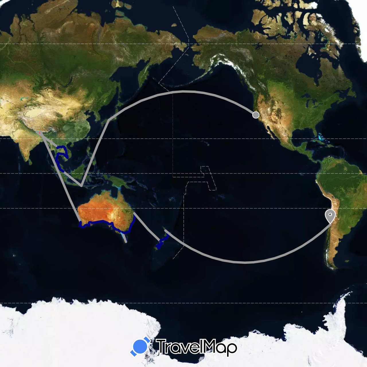 TravelMap itinerary: driving, plane, hiking, boat in Australia, Chile, Indonesia, Japan, Cambodia, Laos, Nepal, New Zealand, Singapore, Thailand, United States, Vietnam (Asia, North America, Oceania, South America)