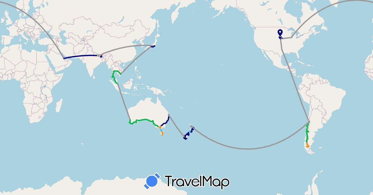 TravelMap itinerary: driving, bus, plane, hiking, boat, hitchhiking in Argentina, Australia, Chile, India, Japan, Cambodia, Malaysia, Nepal, New Zealand, Singapore, Thailand, United States, Vietnam (Asia, North America, Oceania, South America)