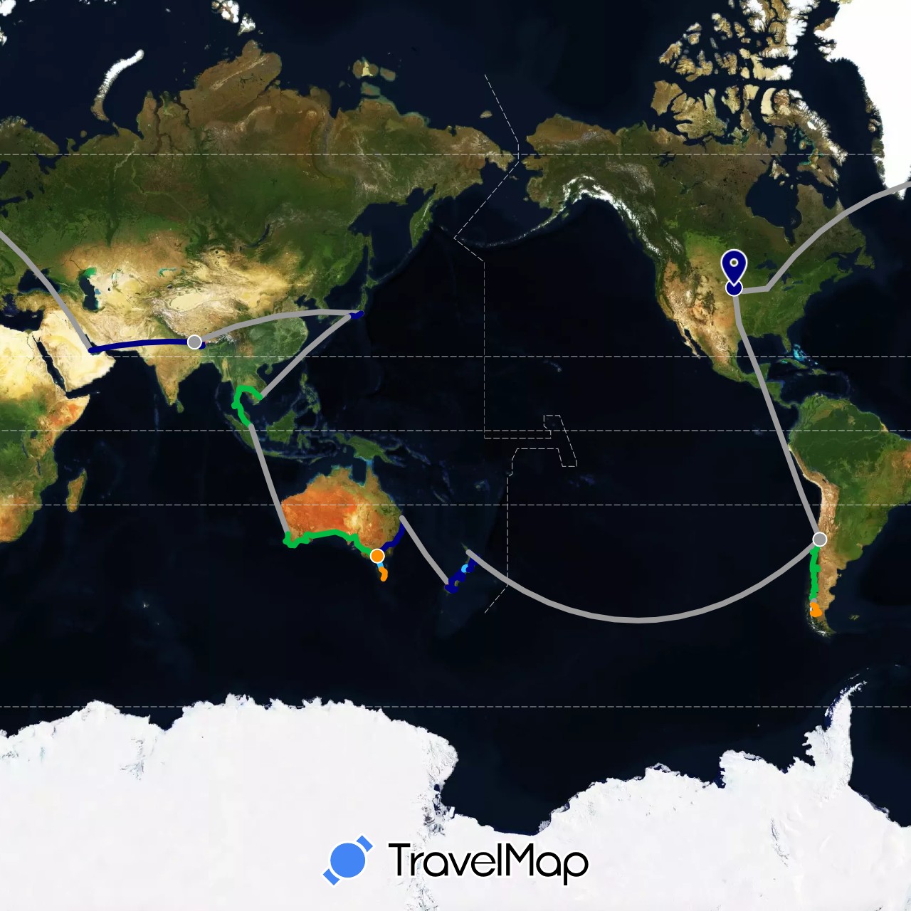 TravelMap itinerary: driving, bus, plane, hiking, boat, hitchhiking in Argentina, Australia, Chile, India, Japan, Cambodia, Malaysia, Nepal, New Zealand, Singapore, Thailand, United States, Vietnam (Asia, North America, Oceania, South America)
