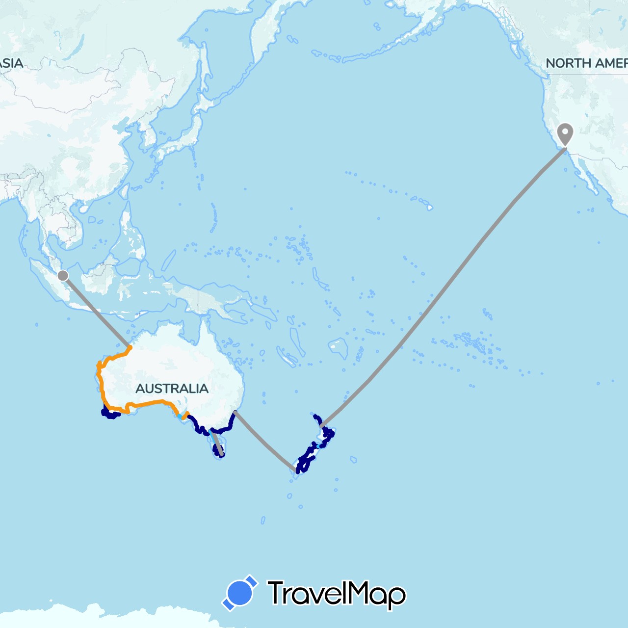 TravelMap itinerary: driving, plane, boat, bus in Australia, New Zealand, Singapore, United States (Asia, North America, Oceania)